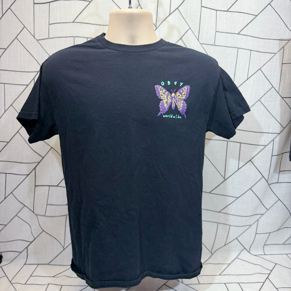 Obey‎ T-Shirt Medium Black Butterfly Graphic Worldwide Streetwear Tee